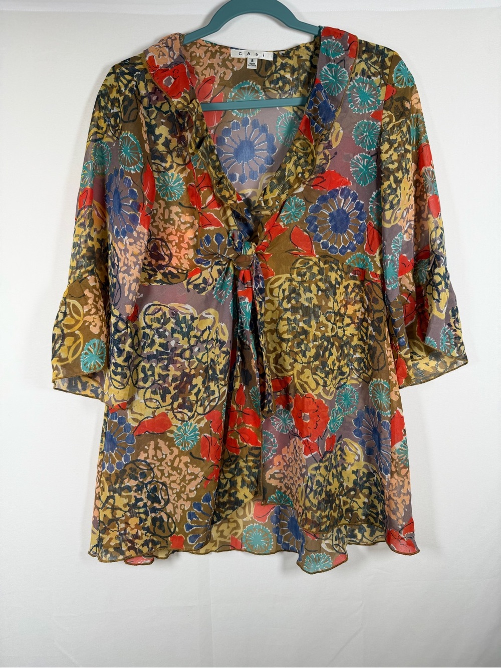 Cabi Multicolor Floral Tie-Front Cutaway Blouse Fairy, Boho, Flare Sleeve